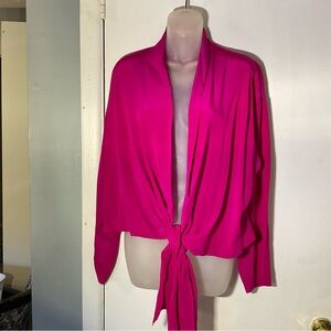 Ellen Tracy SILK Fuchsia Pink Long Sleeve Tie/Wrap Drape Front Cardigan/Cover